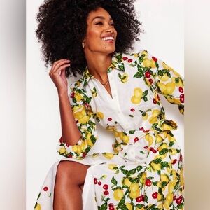 Boden NWT Lemon & Cherry Print Linen Cotton Button-Front Shirt Maxi Dress Size 6